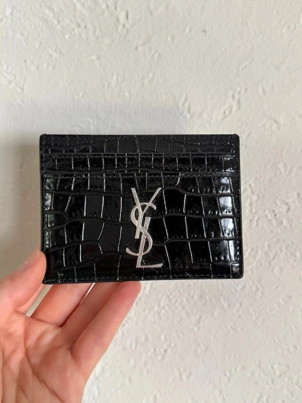 Saint Laurent Cassandre Black Croc-Embossed Leather Card Case